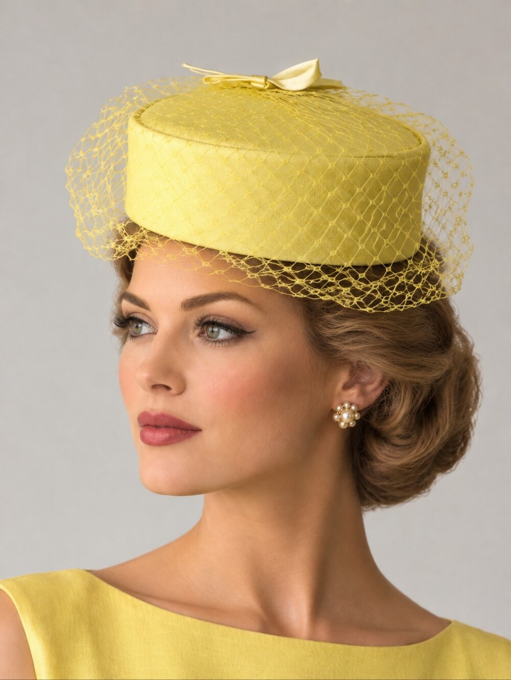 Vintage 1960s Yellow Pillbox Hat with Veil Bow Jackie O Style Mid Century